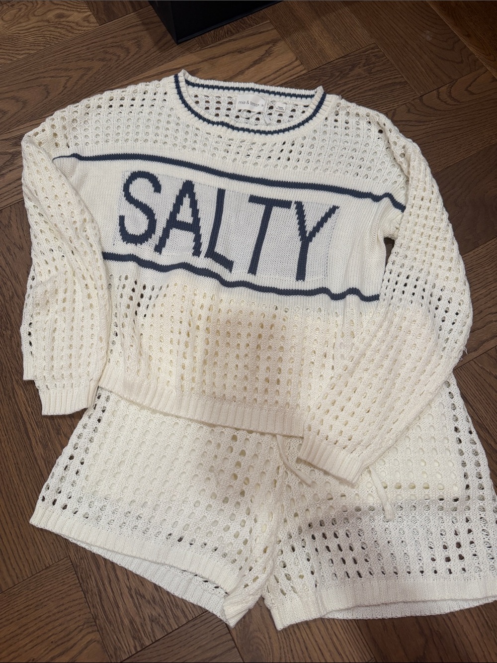 SALTY Knit Sweater and shorts set in Cream with Navy Lettering